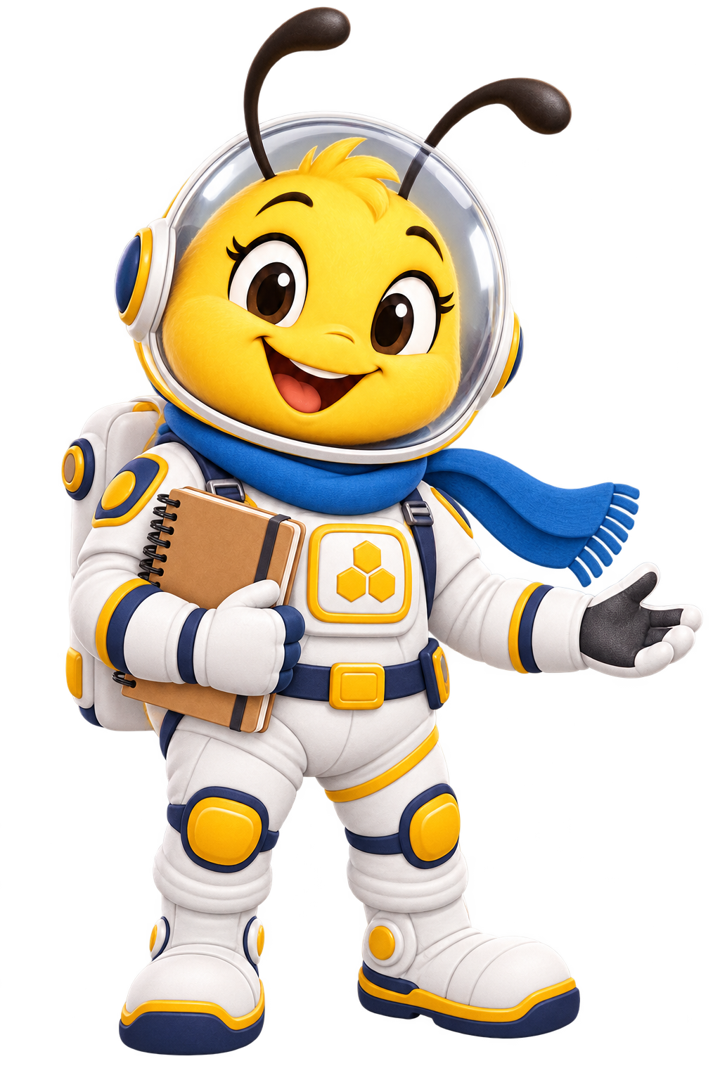 BiiiiiZy B in a white, honey-yellow and navy astronaut suit, holding a planning notebook