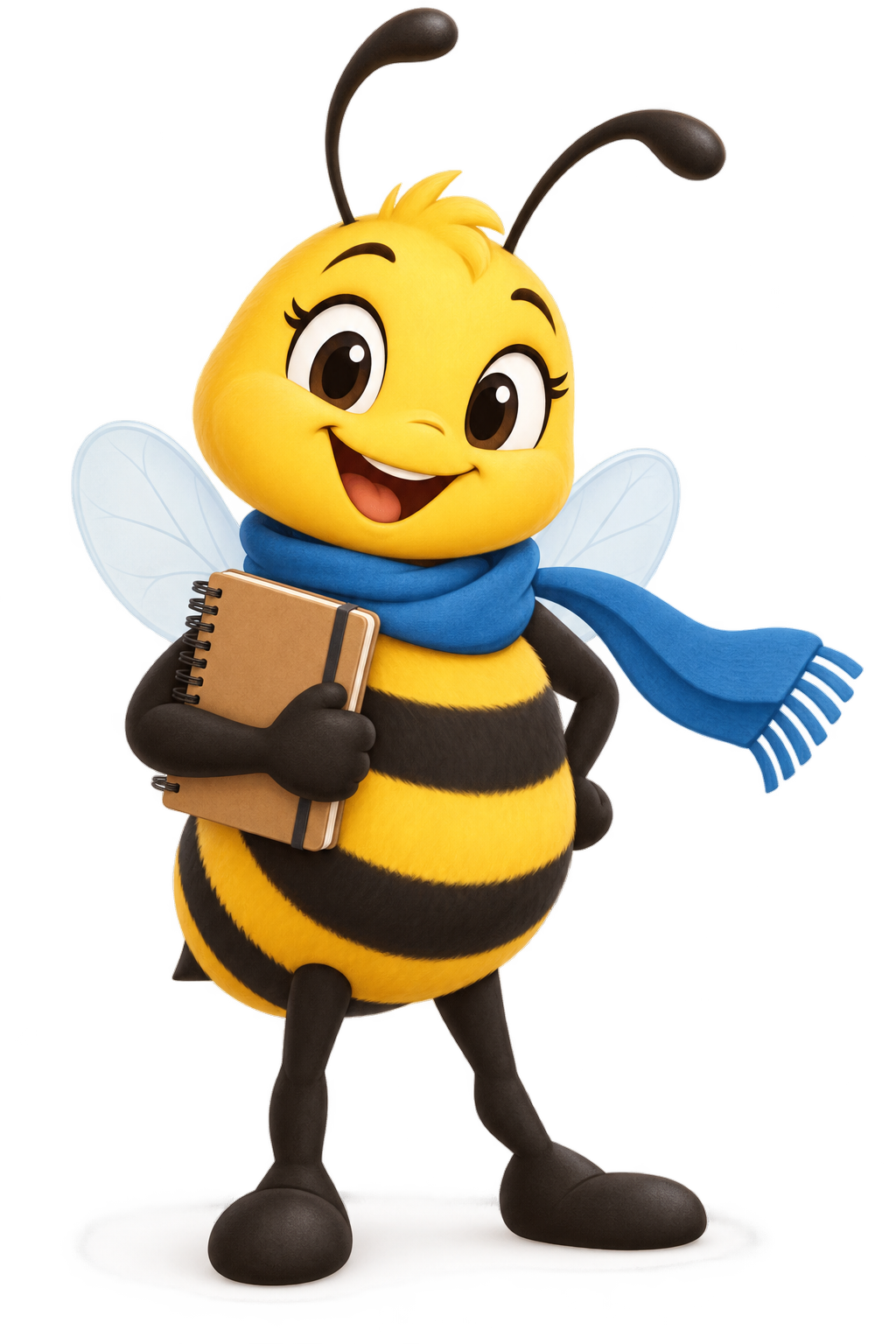 Bee, the smiling Launch Biz guide holding a planning notebook